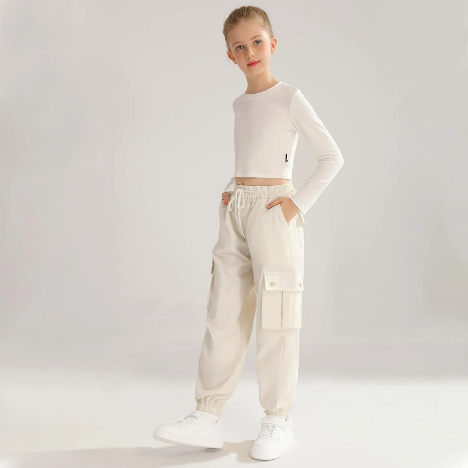 Girls Cargo Jogger Pants Parachute Pants with Elastic Waist and Pockets Cargo Trousers for Teens Girls 7-14 Years