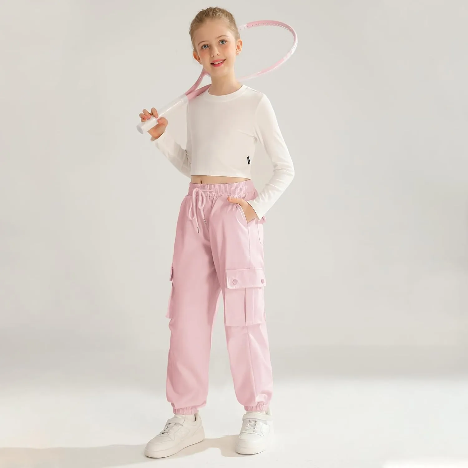 Girls Cargo Jogger Pants Parachute Pants with Elastic Waist and Pockets Cargo Trousers for Teens Girls 7-14 Years