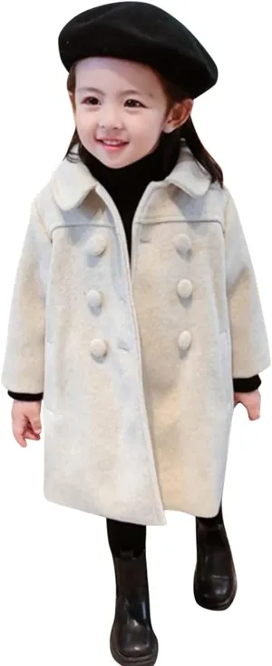 Girls Dress Coat Kids Winter Warm Jacket Long Sleeve Button Trench Coat Pocket Long Peacoat Outerwear 1~7 Years