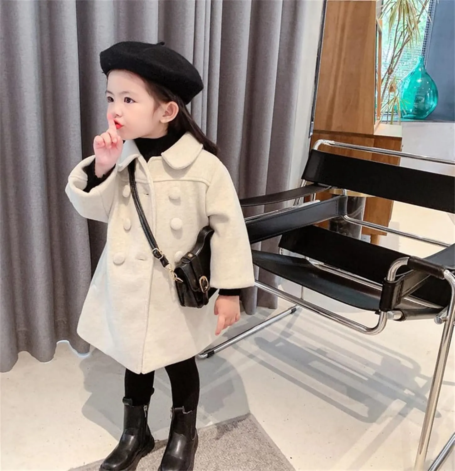 Girls Dress Coat Kids Winter Warm Jacket Long Sleeve Button Trench Coat Pocket Long Peacoat Outerwear 1~7 Years