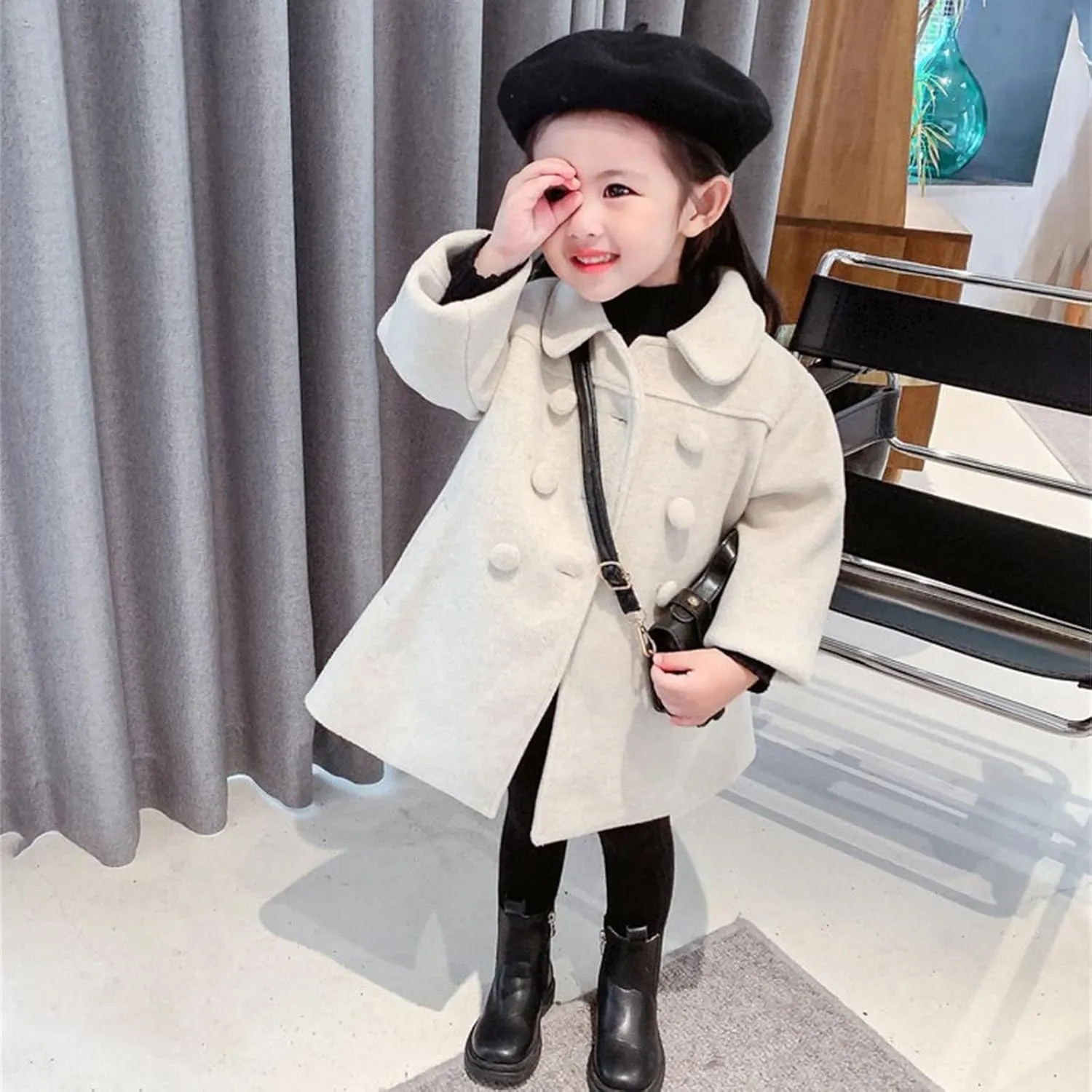 Girls Dress Coat Kids Winter Warm Jacket Long Sleeve Button Trench Coat Pocket Long Peacoat Outerwear 1~7 Years
