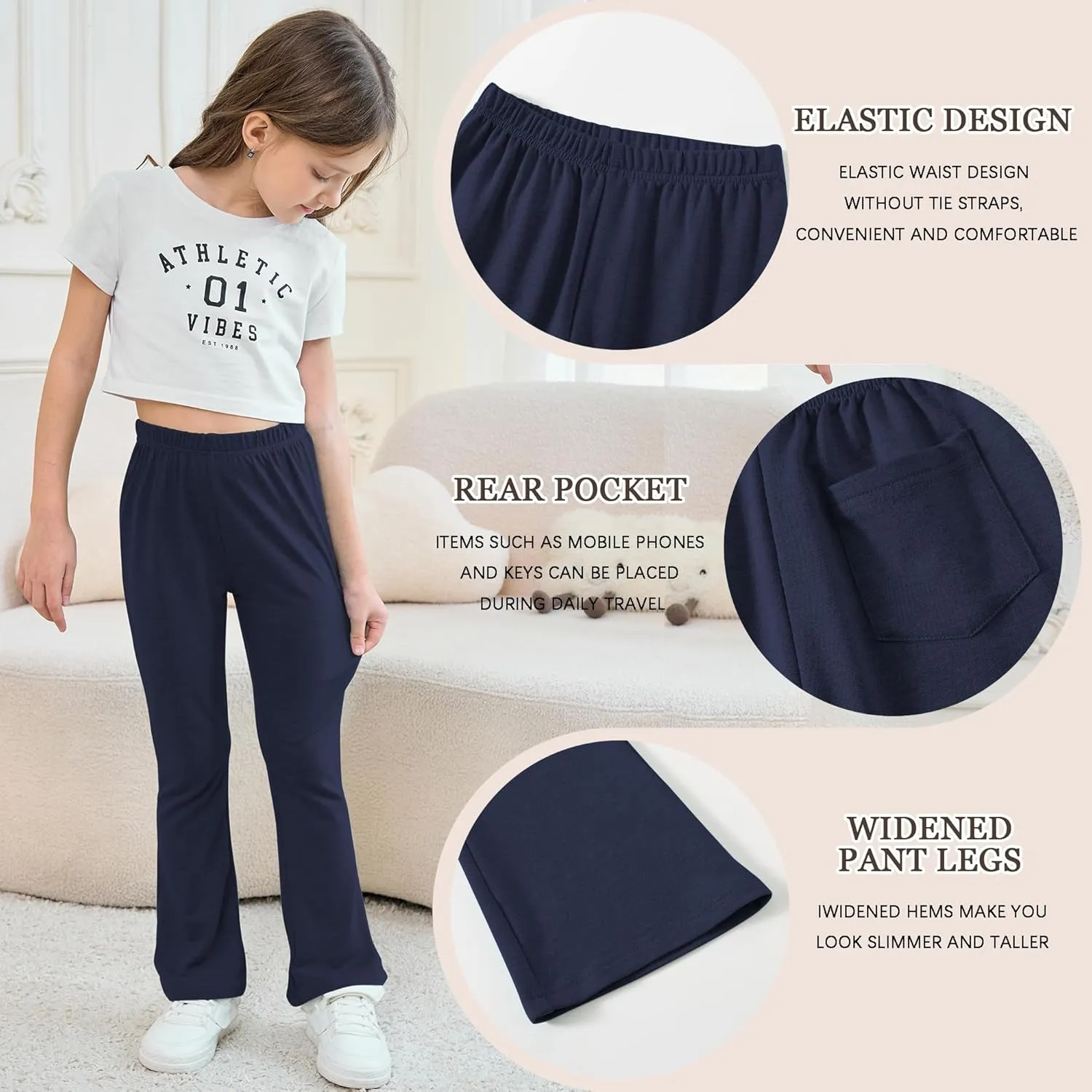Girls Mid-Rise Flared Pants, 3 Pack Soft Rayon Stretch Bell Bottoms for Kids, Skinny Fit Bootcut Leggings