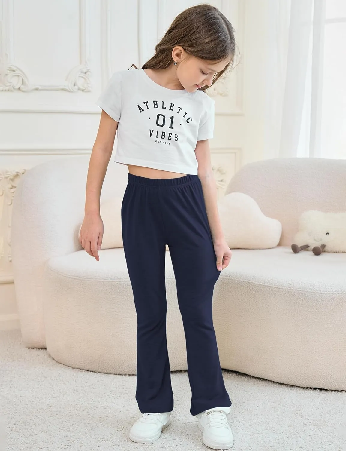 Girls Mid-Rise Flared Pants, 3 Pack Soft Rayon Stretch Bell Bottoms for Kids, Skinny Fit Bootcut Leggings