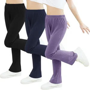 Girls Mid-Rise Flared Pants, 3 Pack Soft Rayon Stretch Bell Bottoms for Kids, Skinny Fit Bootcut Leggings