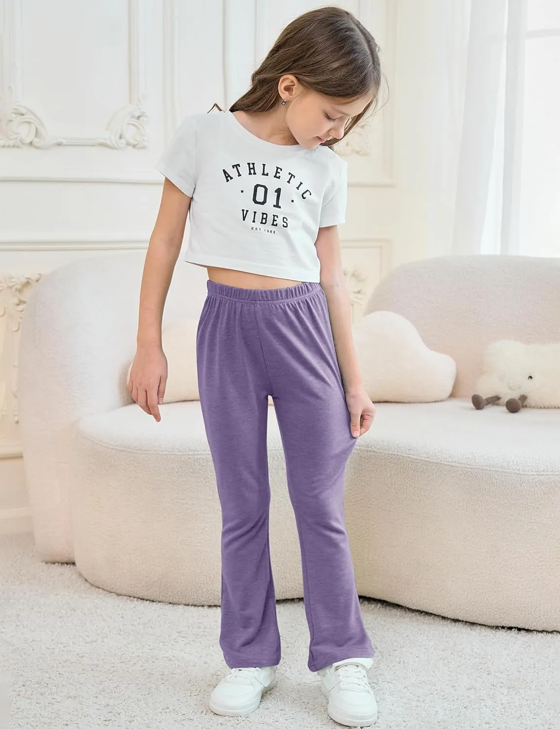 Girls Mid-Rise Flared Pants, 3 Pack Soft Rayon Stretch Bell Bottoms for Kids, Skinny Fit Bootcut Leggings