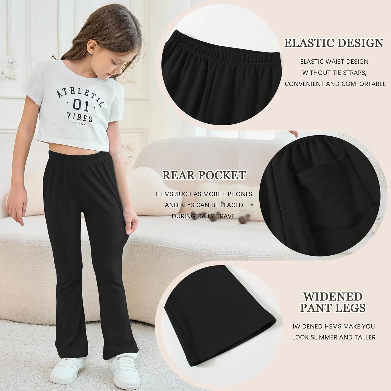 Girls Mid-Rise Flared Pants, 3 Pack Soft Rayon Stretch Bell Bottoms for Kids, Skinny Fit Bootcut Leggings