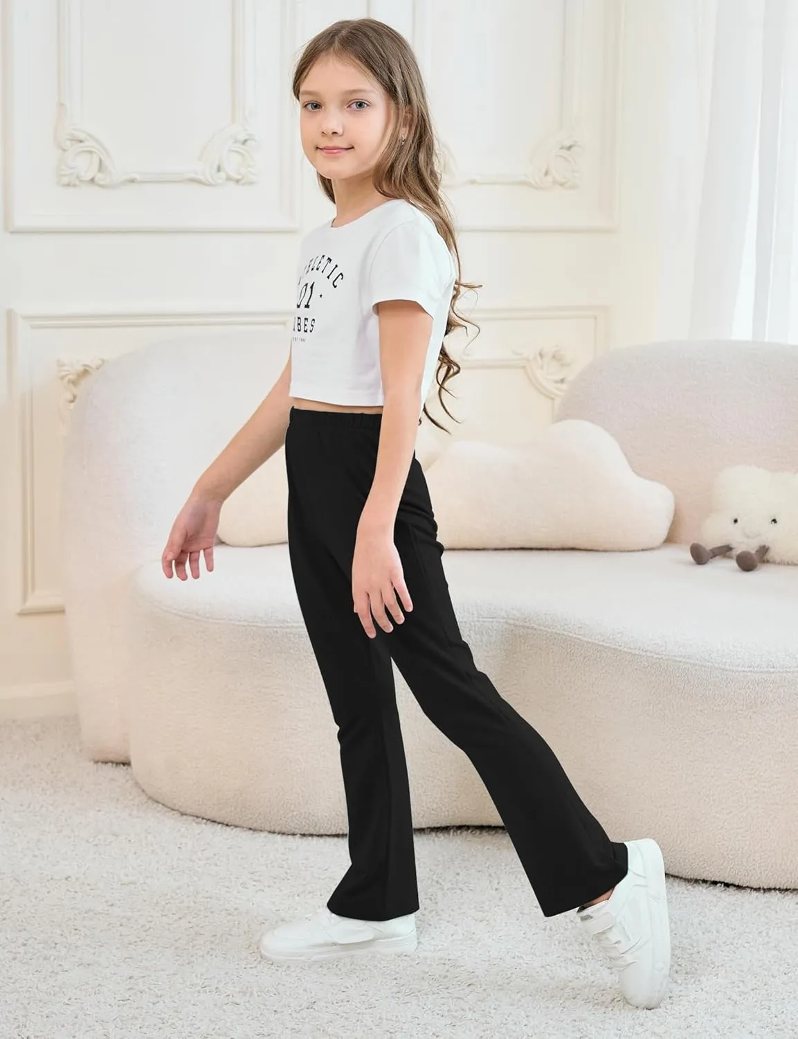Girls Mid-Rise Flared Pants, 3 Pack Soft Rayon Stretch Bell Bottoms for Kids, Skinny Fit Bootcut Leggings