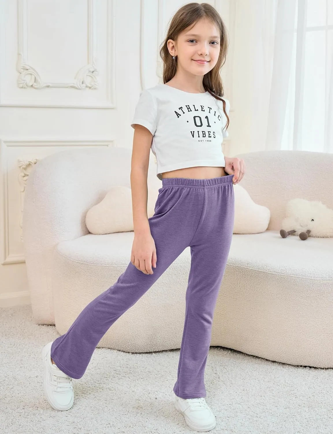 Girls Mid-Rise Flared Pants, 3 Pack Soft Rayon Stretch Bell Bottoms for Kids, Skinny Fit Bootcut Leggings