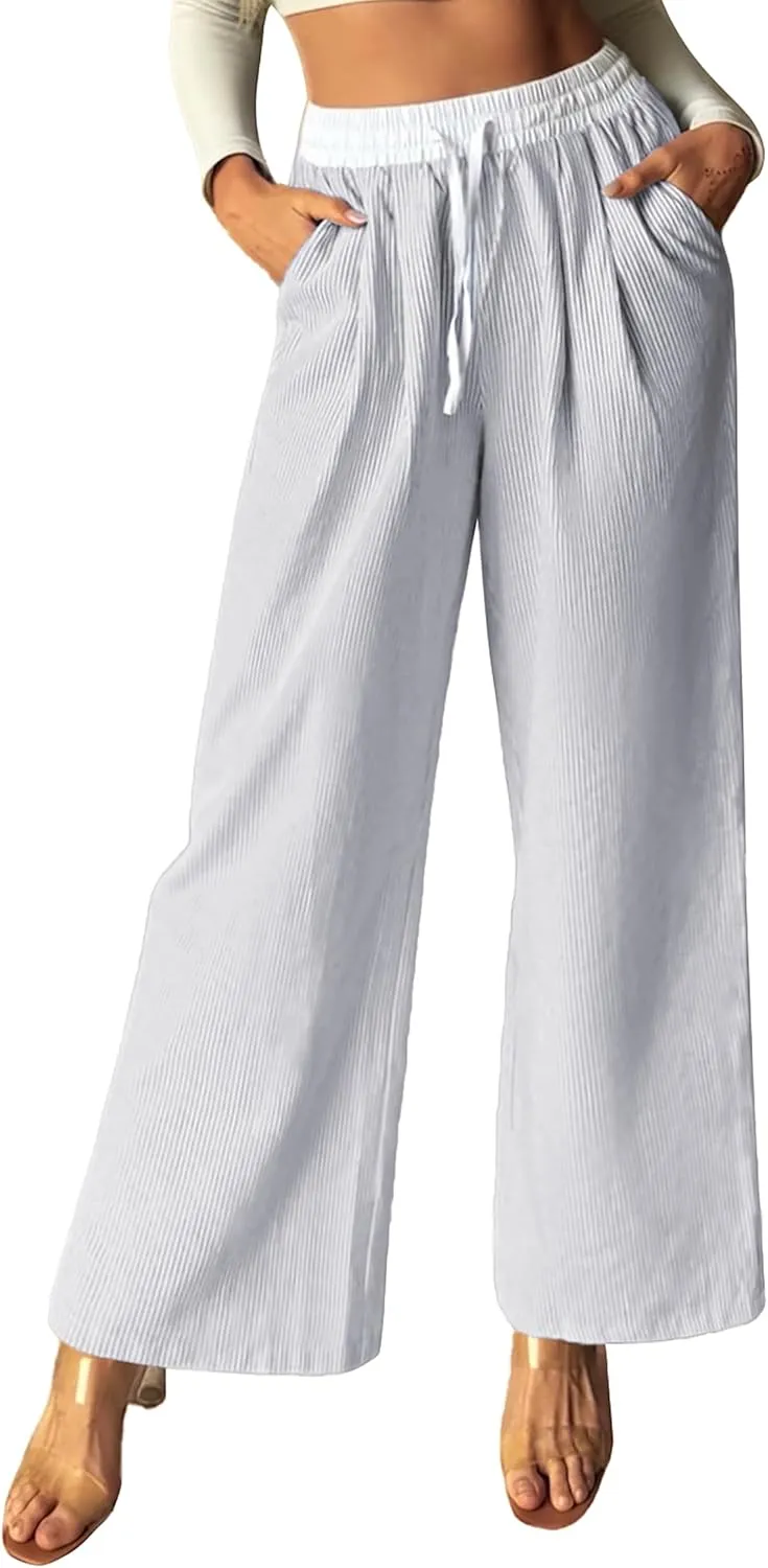 GRACE KARIN Women Cotton Palazzo Pants 2025 Summer Stripe Drawstring Loose Wide Leg Long Trousers with Pockets