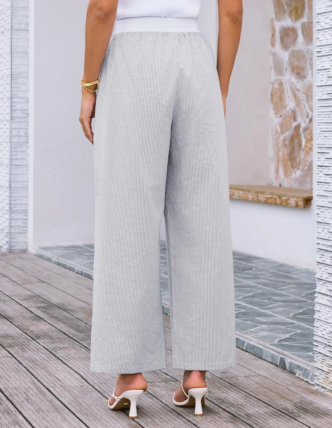 GRACE KARIN Women Cotton Palazzo Pants 2025 Summer Stripe Drawstring Loose Wide Leg Long Trousers with Pockets