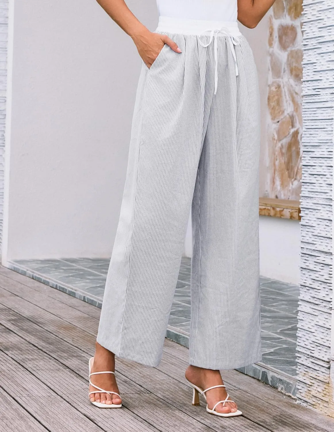 GRACE KARIN Women Cotton Palazzo Pants 2025 Summer Stripe Drawstring Loose Wide Leg Long Trousers with Pockets