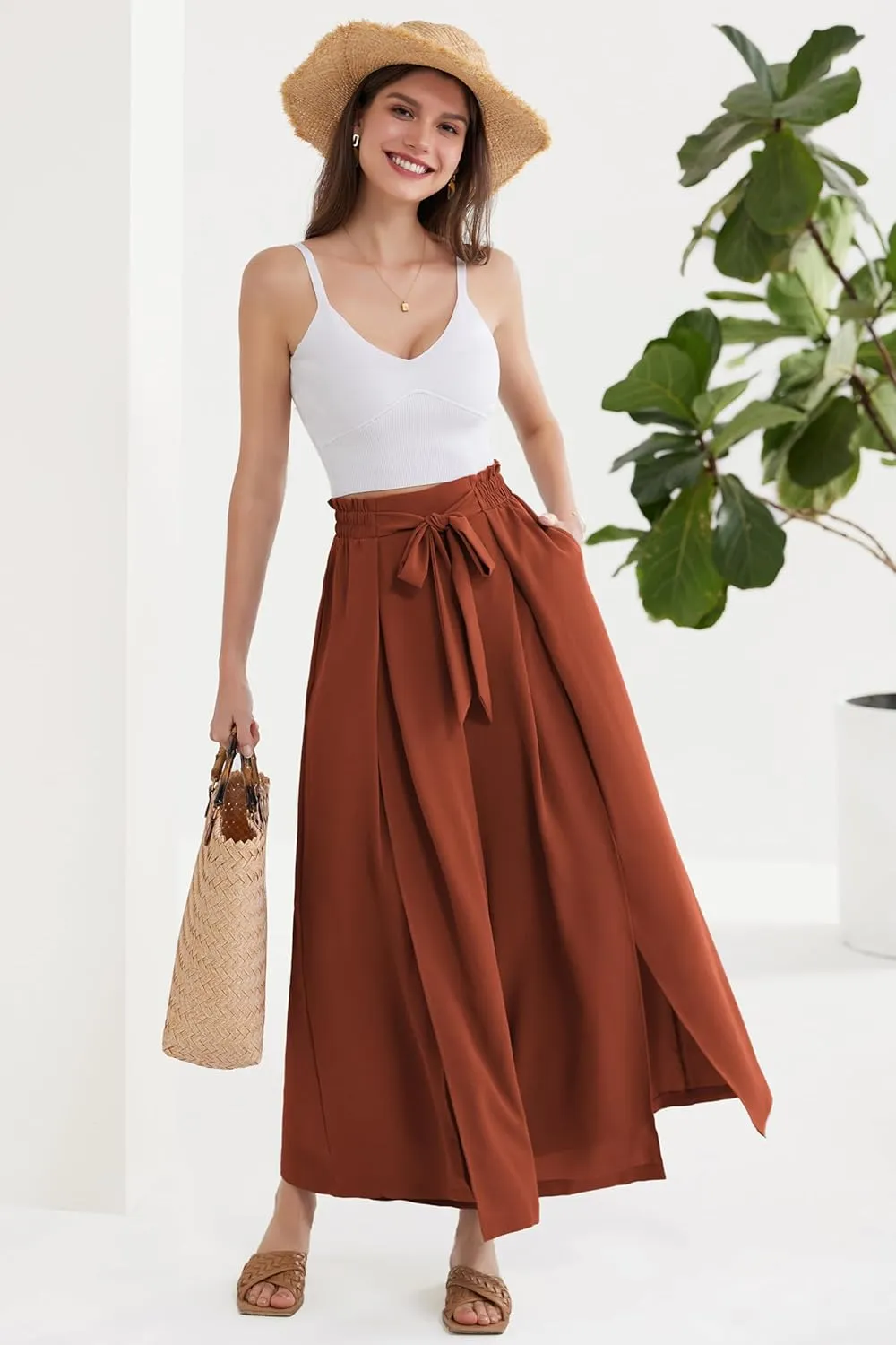 GRACE KARIN Women's Wide Leg Pants with Pockets Lightweight High Waisted Tie Knot Caual Loose Split Flowy Palazzo Trousers