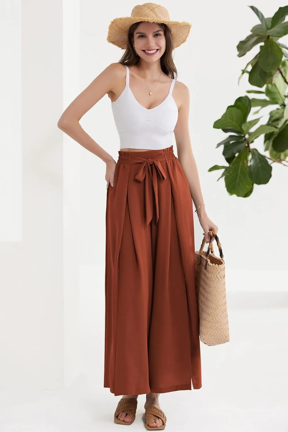 GRACE KARIN Women's Wide Leg Pants with Pockets Lightweight High Waisted Tie Knot Caual Loose Split Flowy Palazzo Trousers