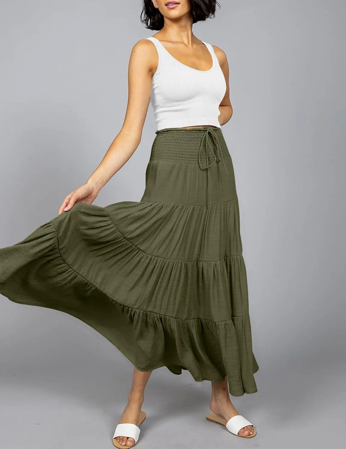 HAEOF Women's Summer Flowy Boho Maxi Skirt Trendy Smocked Waist Ruffle Tiered A Line Casual Beach Long Skirts Midi Dress