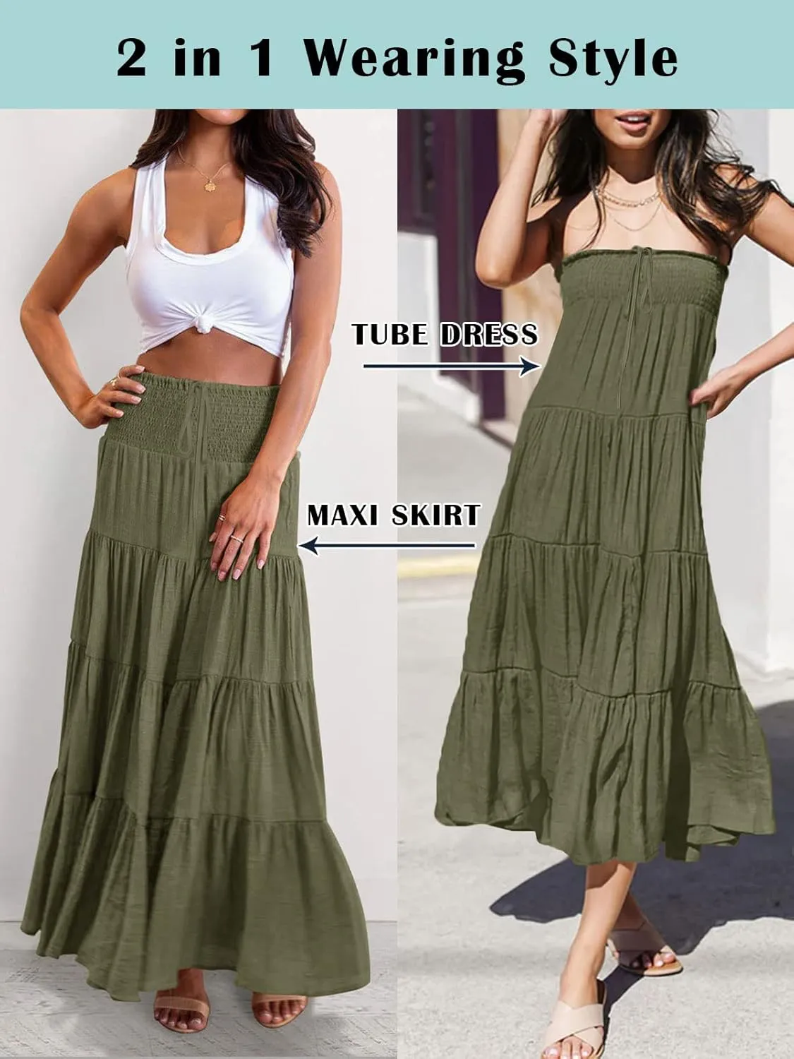 HAEOF Women's Summer Flowy Boho Maxi Skirt Trendy Smocked Waist Ruffle Tiered A Line Casual Beach Long Skirts Midi Dress