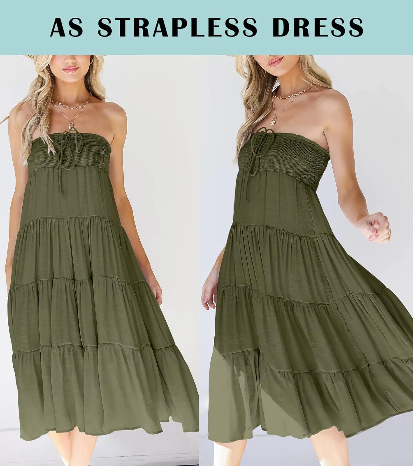 HAEOF Women's Summer Flowy Boho Maxi Skirt Trendy Smocked Waist Ruffle Tiered A Line Casual Beach Long Skirts Midi Dress
