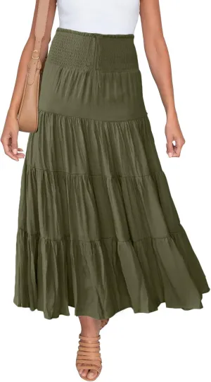 HAEOF Women's Summer Flowy Boho Maxi Skirt Trendy Smocked Waist Ruffle Tiered A Line Casual Beach Long Skirts Midi Dress