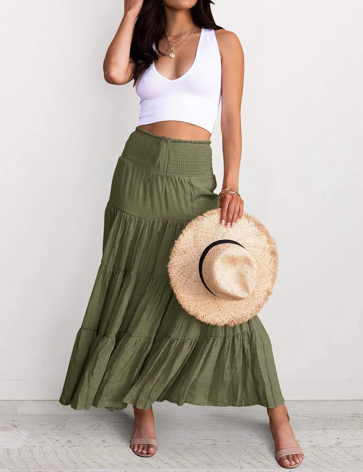 HAEOF Women's Summer Flowy Boho Maxi Skirt Trendy Smocked Waist Ruffle Tiered A Line Casual Beach Long Skirts Midi Dress