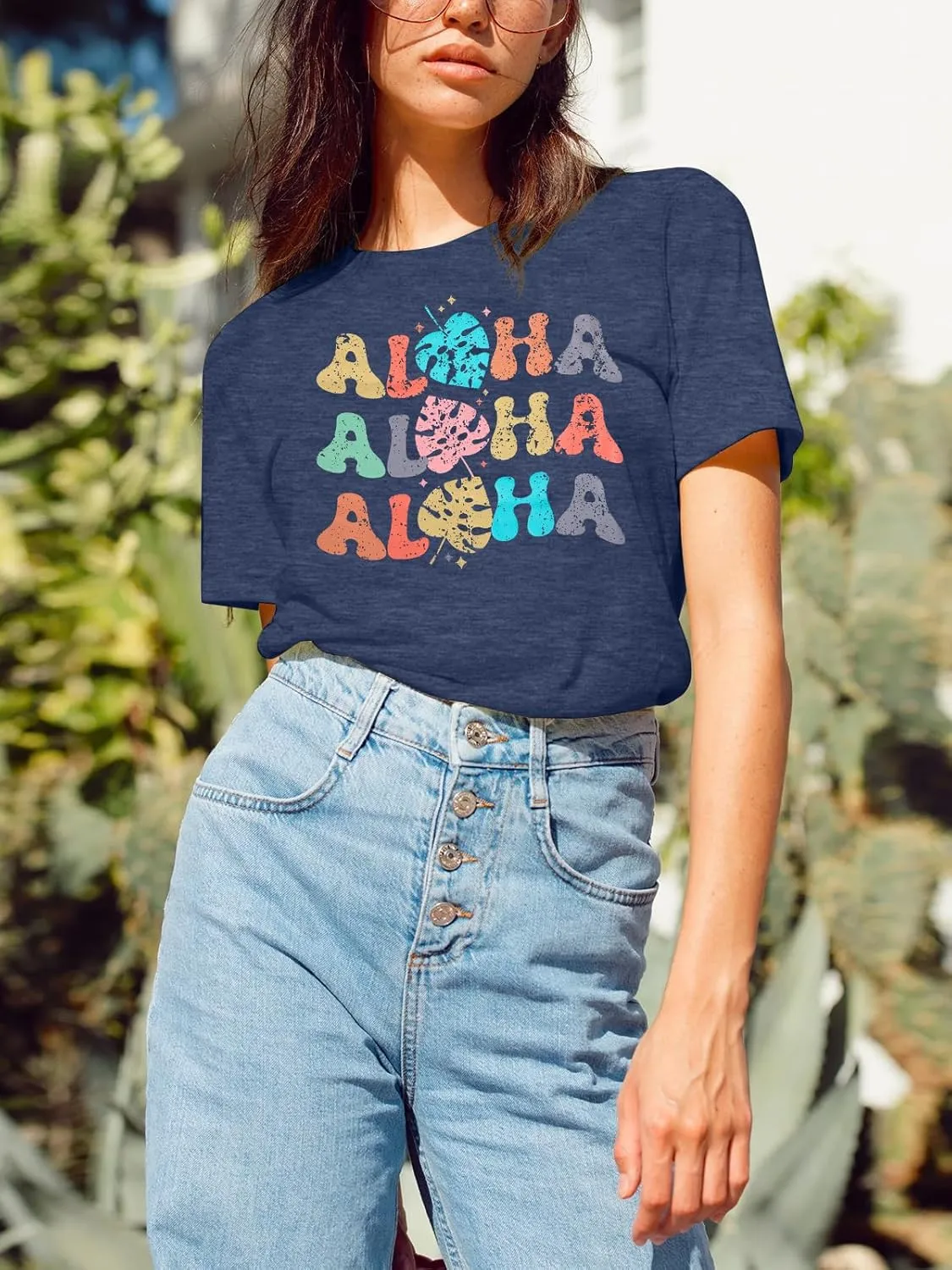 Hawaiian Shirts Women Aloha Graphic Beach T-Shirt Funny Leaves Print Short Sleeve Family Vacation Shirt
