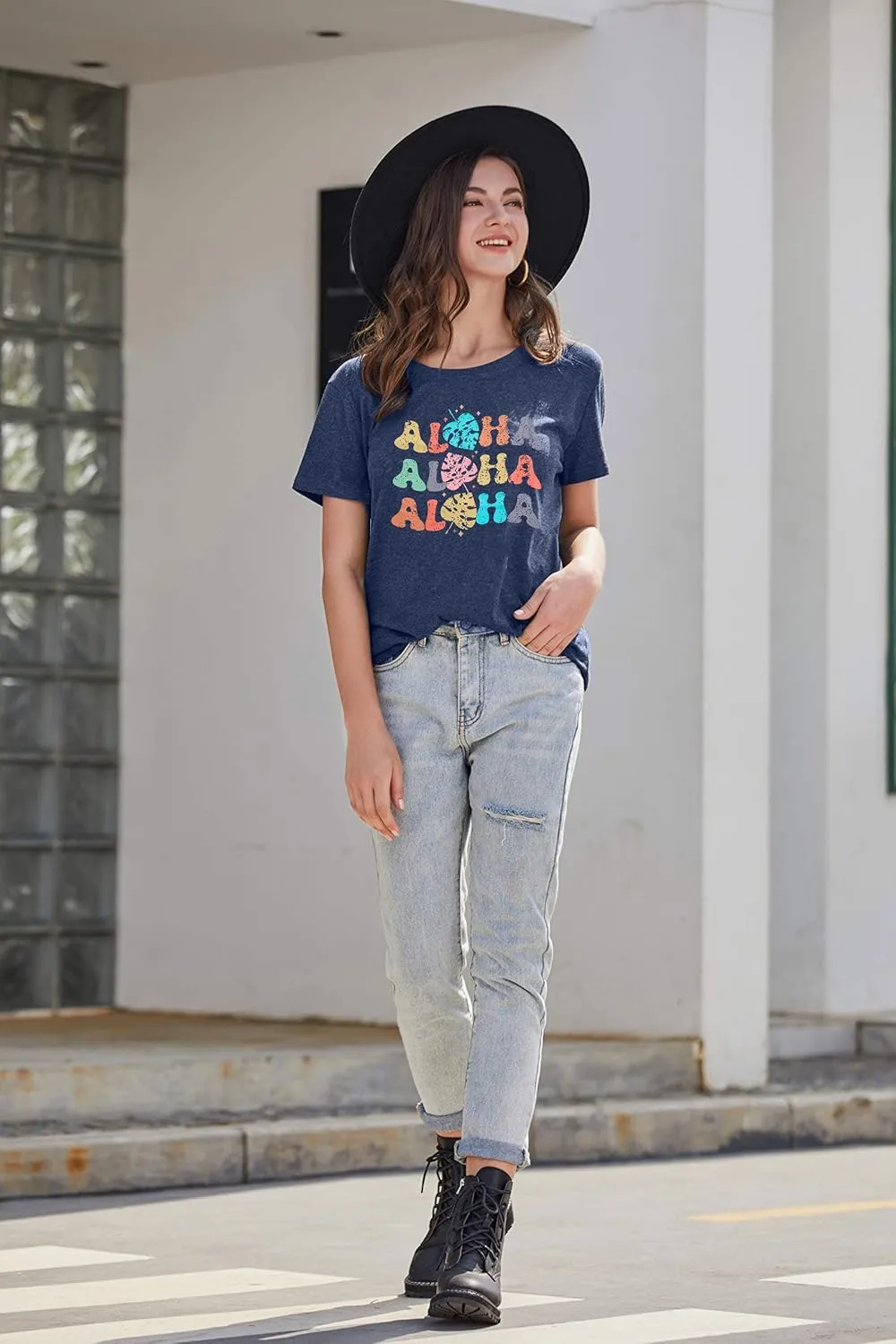 Hawaiian Shirts Women Aloha Graphic Beach T-Shirt Funny Leaves Print Short Sleeve Family Vacation Shirt