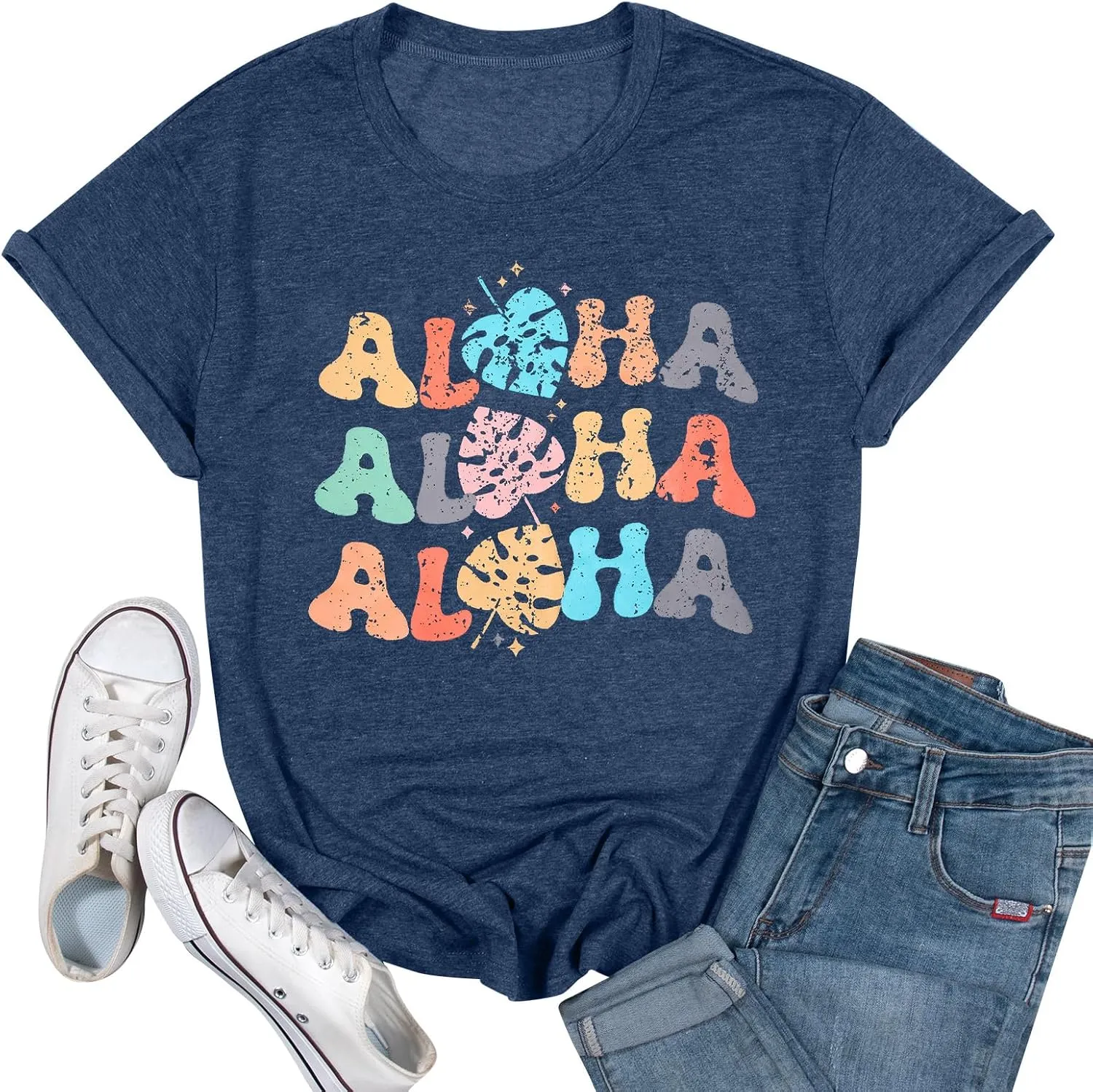 Hawaiian Shirts Women Aloha Graphic Beach T-Shirt Funny Leaves Print Short Sleeve Family Vacation Shirt