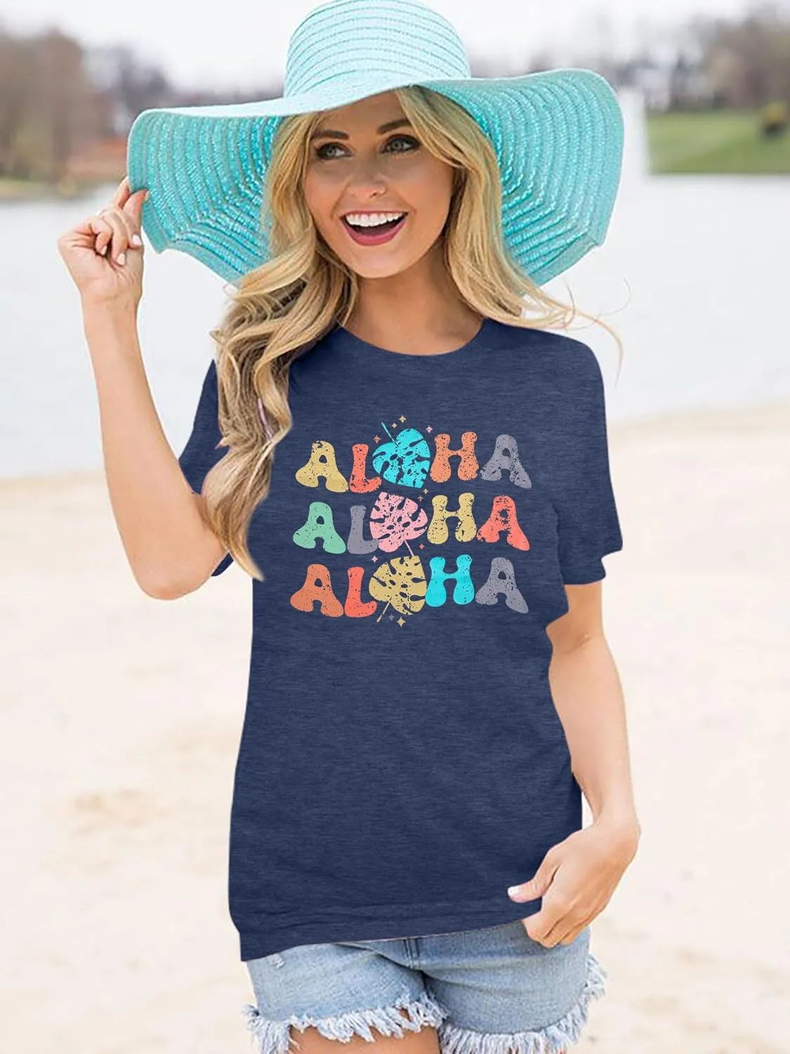 Hawaiian Shirts Women Aloha Graphic Beach T-Shirt Funny Leaves Print Short Sleeve Family Vacation Shirt