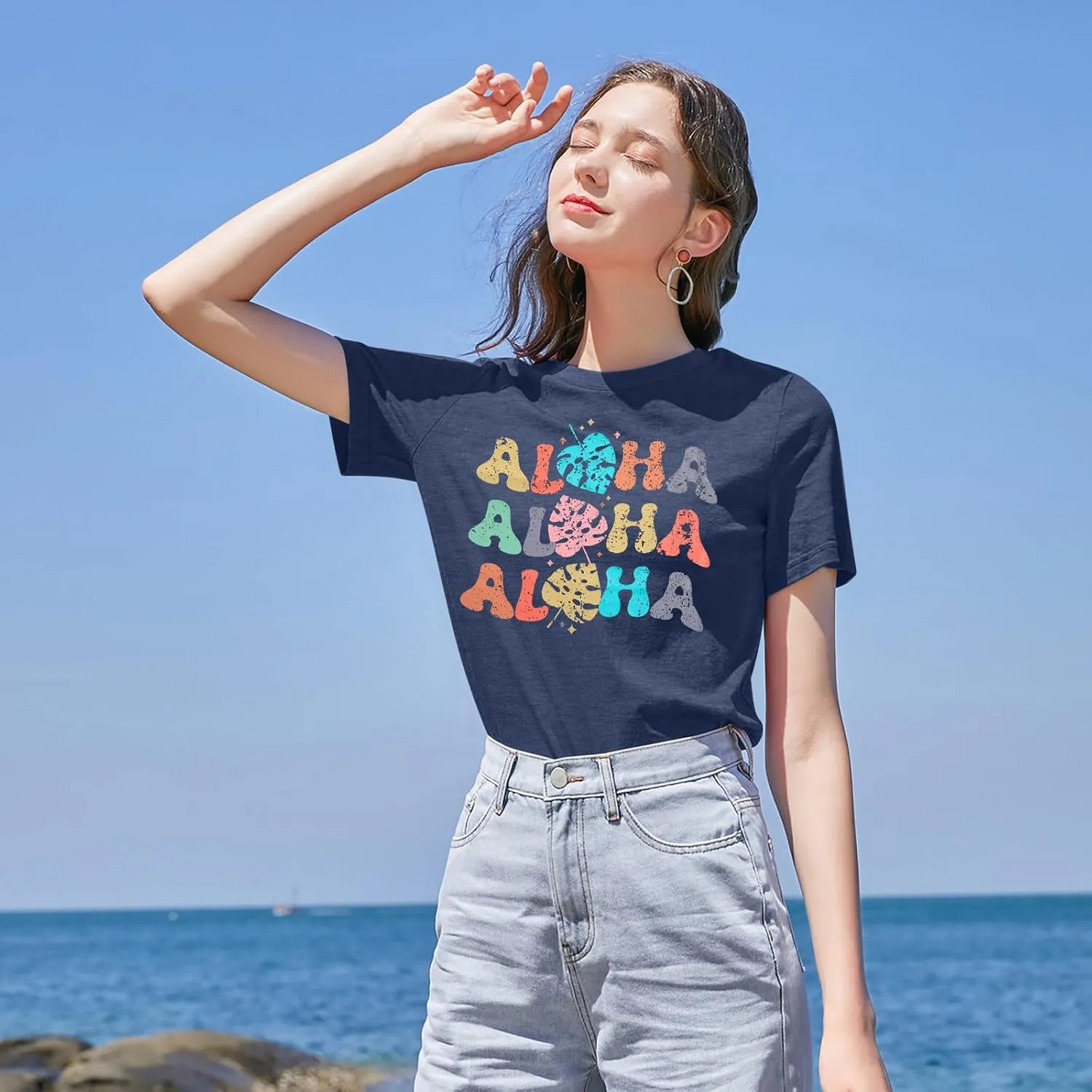 Hawaiian Shirts Women Aloha Graphic Beach T-Shirt Funny Leaves Print Short Sleeve Family Vacation Shirt