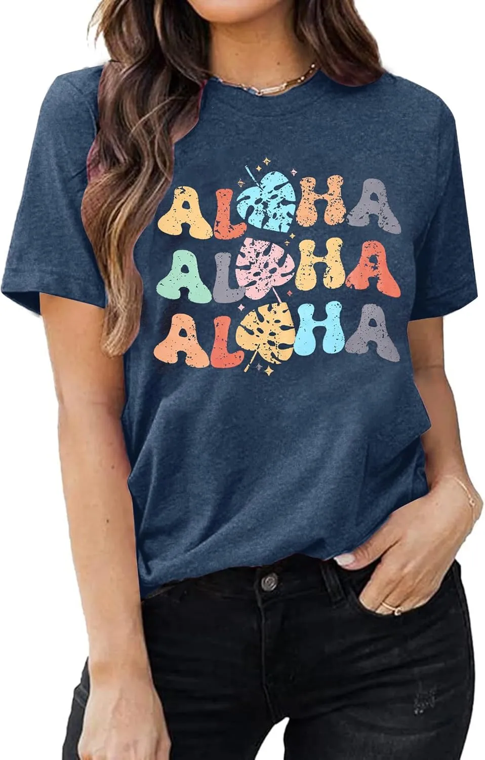 Hawaiian Shirts Women Aloha Graphic Beach T-Shirt Funny Leaves Print Short Sleeve Family Vacation Shirt