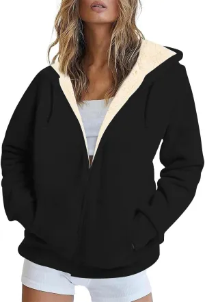 Heated Jackets for Women Zip Up Long Sleeve Hoodies with Pockets Fleece Sherpa Lined Fall Winter Coats