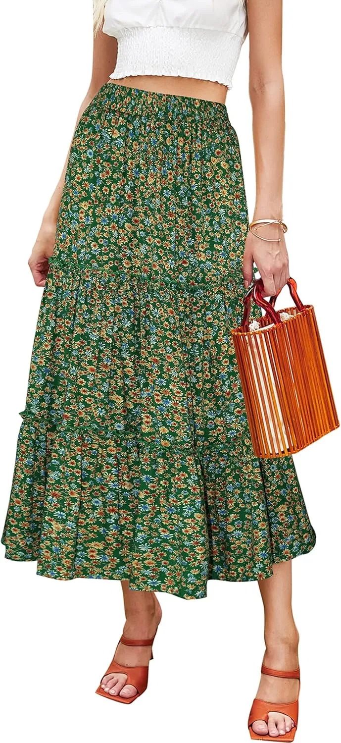 Hibluco Women's Floral Midi Skirts Elastic High Waist A-Line Swing Skirts