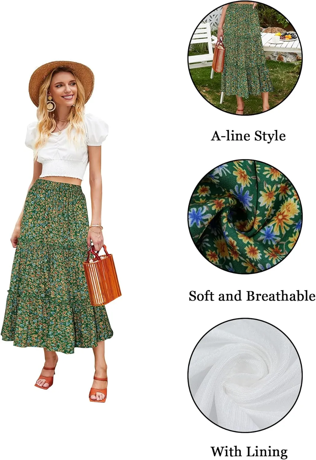 Hibluco Women's Floral Midi Skirts Elastic High Waist A-Line Swing Skirts