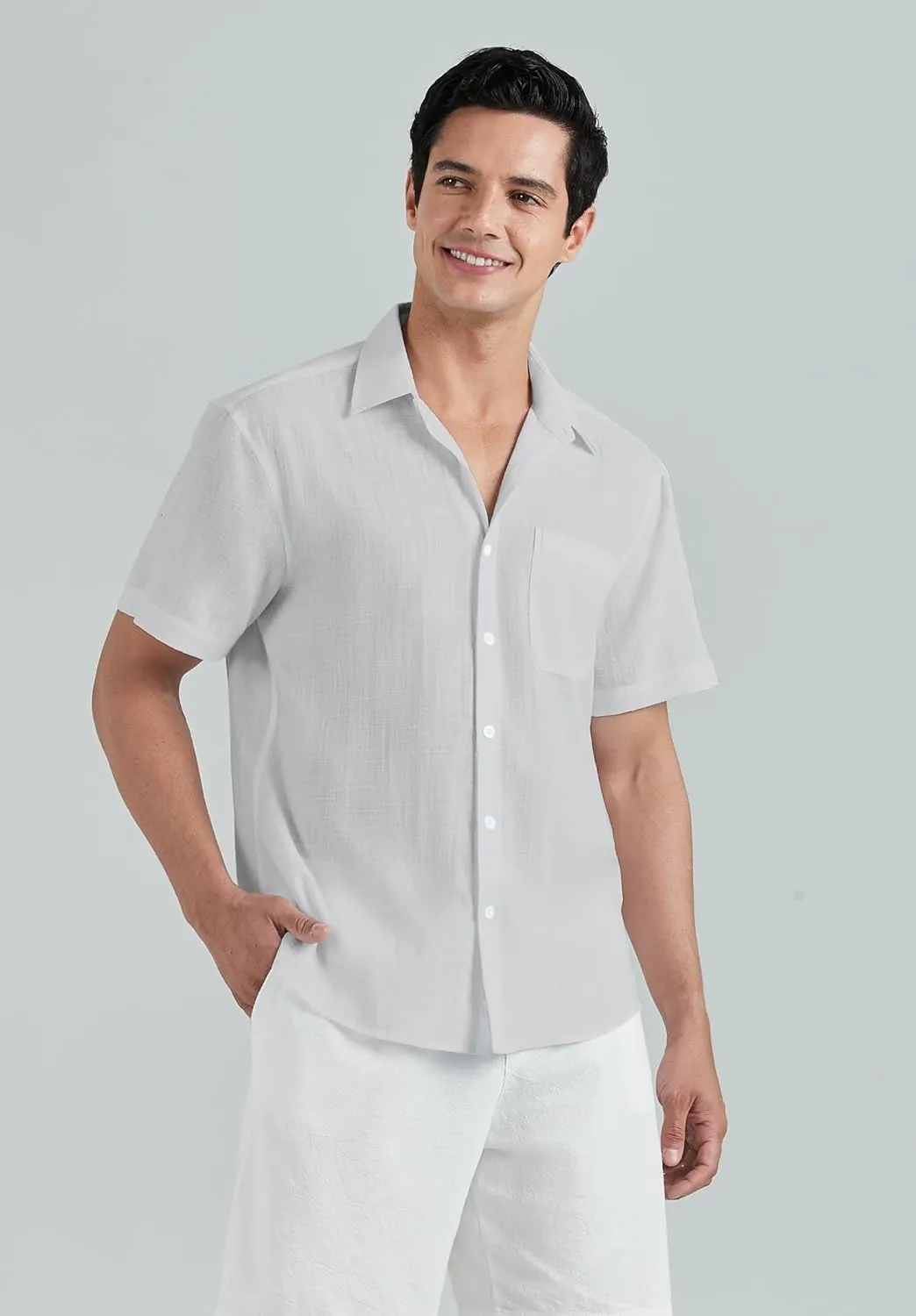 HISDERN Linen Cotton Shirts for Men Short Sleeve Casual Summer Button Down Shirt Beach Vacation Shirt with Pocket