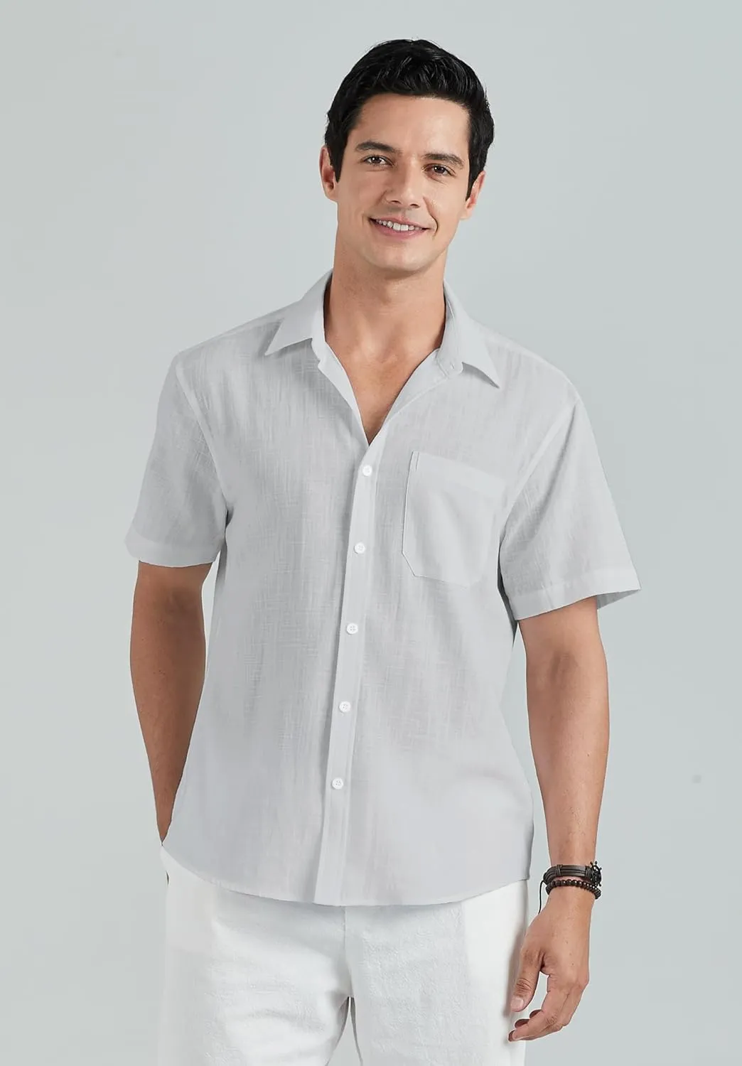 HISDERN Linen Cotton Shirts for Men Short Sleeve Casual Summer Button Down Shirt Beach Vacation Shirt with Pocket