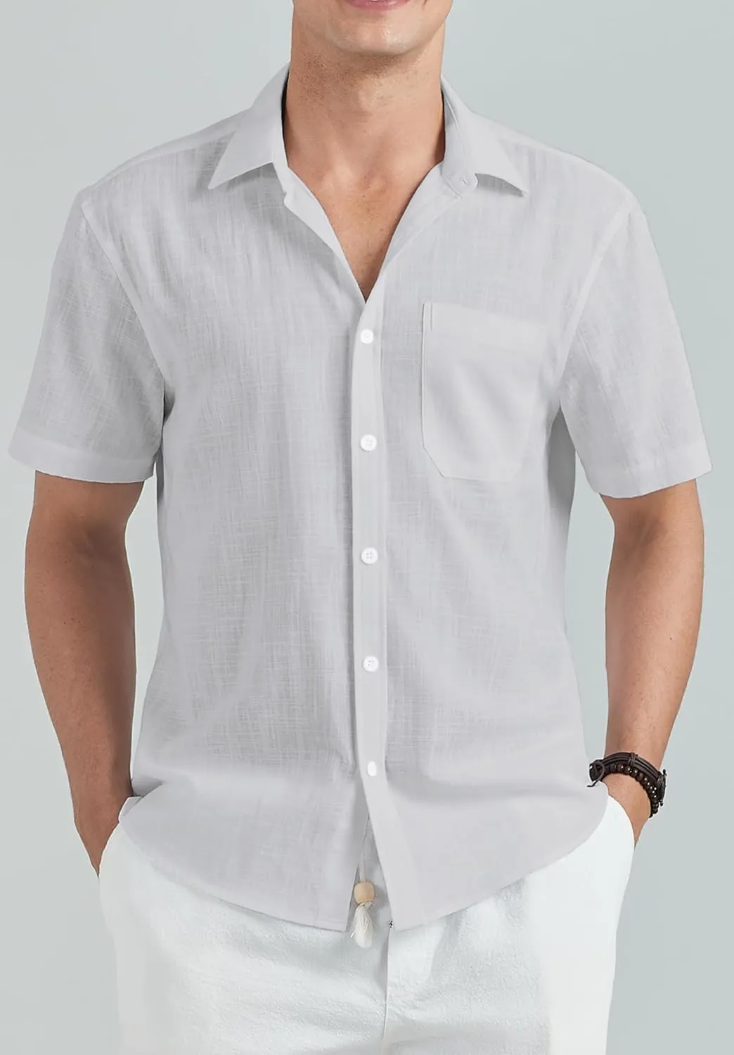 HISDERN Linen Cotton Shirts for Men Short Sleeve Casual Summer Button Down Shirt Beach Vacation Shirt with Pocket