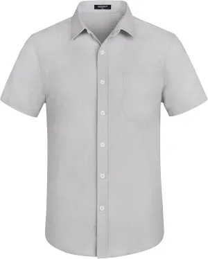 HISDERN Linen Cotton Shirts for Men Short Sleeve Casual Summer Button Down Shirt Beach Vacation Shirt with Pocket