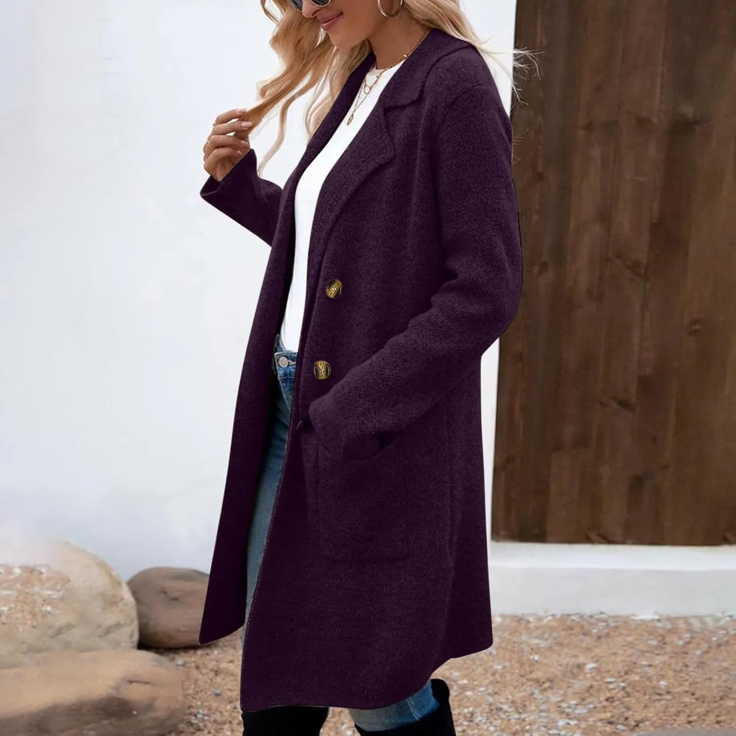 hlysgo Women's Double Breasted Lightweight Pea Coat Long Sleeve Casual Notch Lapel Trench Coat Jacket with Pocket
