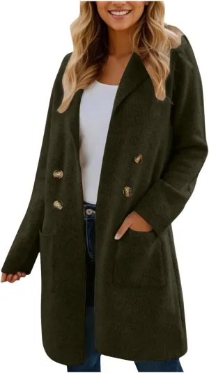 hlysgo Women's Double Breasted Lightweight Pea Coat Long Sleeve Casual Notch Lapel Trench Coat Jacket with Pocket