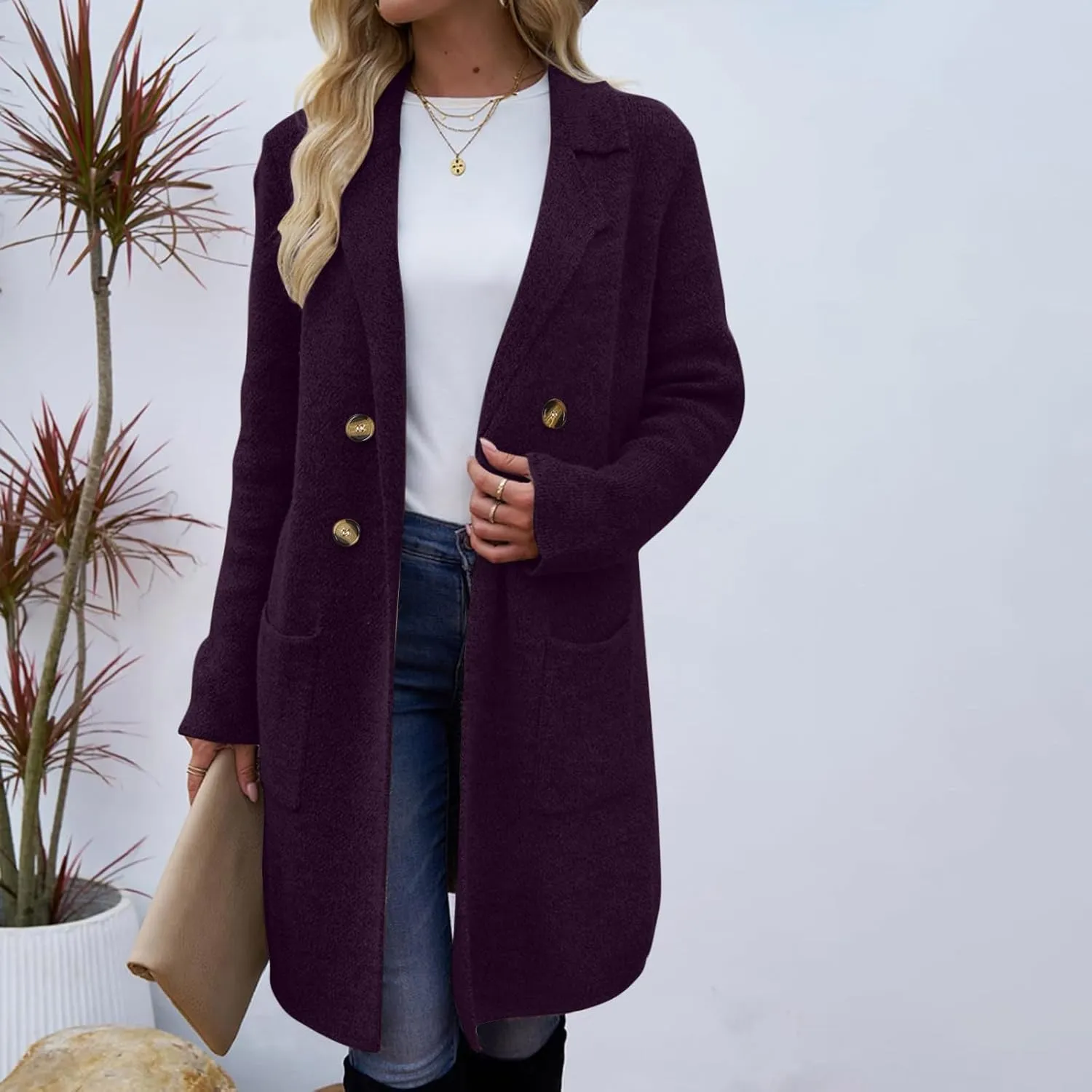 hlysgo Women's Double Breasted Lightweight Pea Coat Long Sleeve Casual Notch Lapel Trench Coat Jacket with Pocket