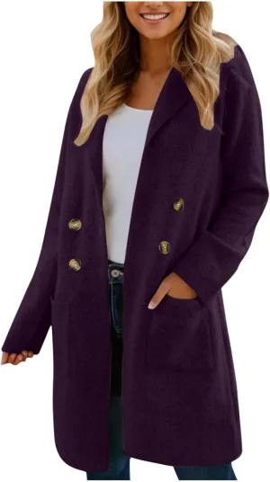 hlysgo Women's Double Breasted Lightweight Pea Coat Long Sleeve Casual Notch Lapel Trench Coat Jacket with Pocket