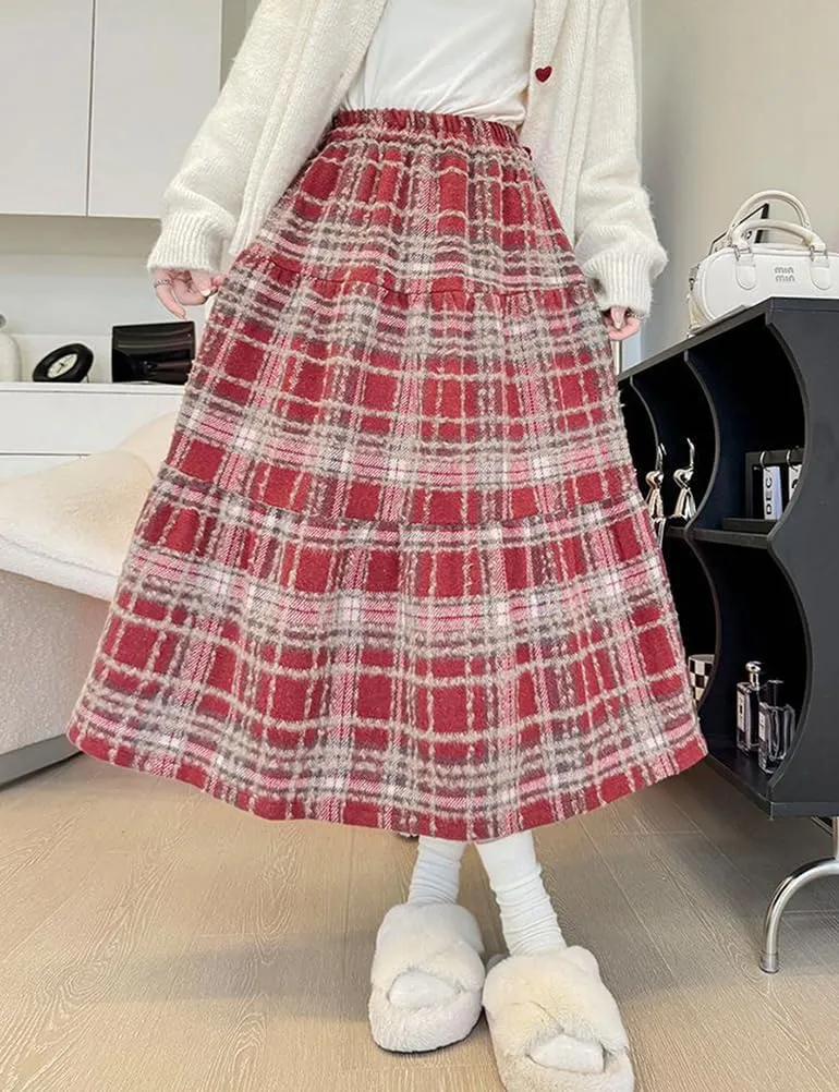 IDEALSANXUN Wool Plaid Skirts for Women Fall Winter High Waisted Midi Length Pleated A Line Ruffle Long Skirt