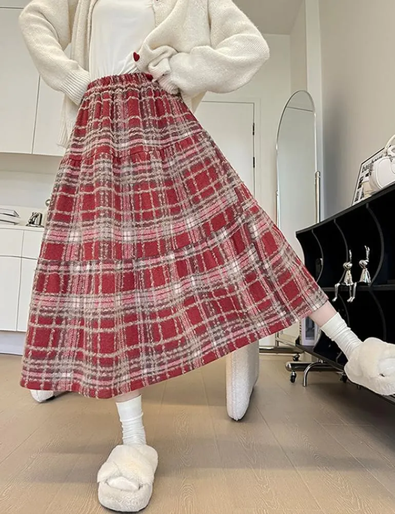 IDEALSANXUN Wool Plaid Skirts for Women Fall Winter High Waisted Midi Length Pleated A Line Ruffle Long Skirt