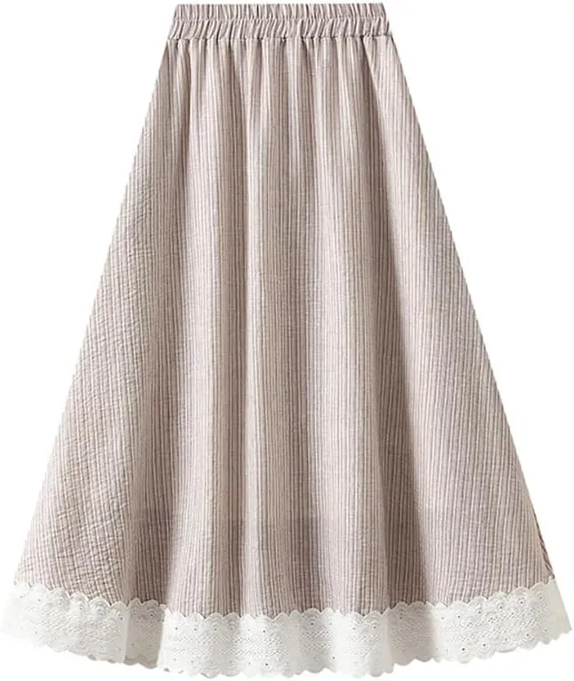 ikasus Women High Waist Pleated Skirt Lace Trim Skirt with Pockets A-Line Skirt Knee Length for Casual Summer Occasions, Khaki