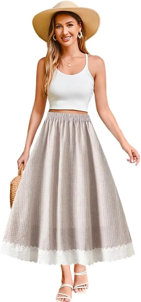 ikasus Women High Waist Pleated Skirt Lace Trim Skirt with Pockets A-Line Skirt Knee Length for Casual Summer Occasions, Khaki