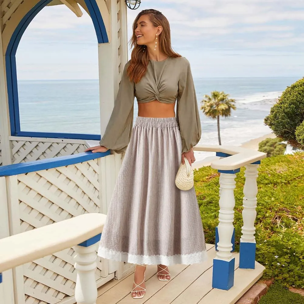 ikasus Women High Waist Pleated Skirt Lace Trim Skirt with Pockets A-Line Skirt Knee Length for Casual Summer Occasions, Khaki