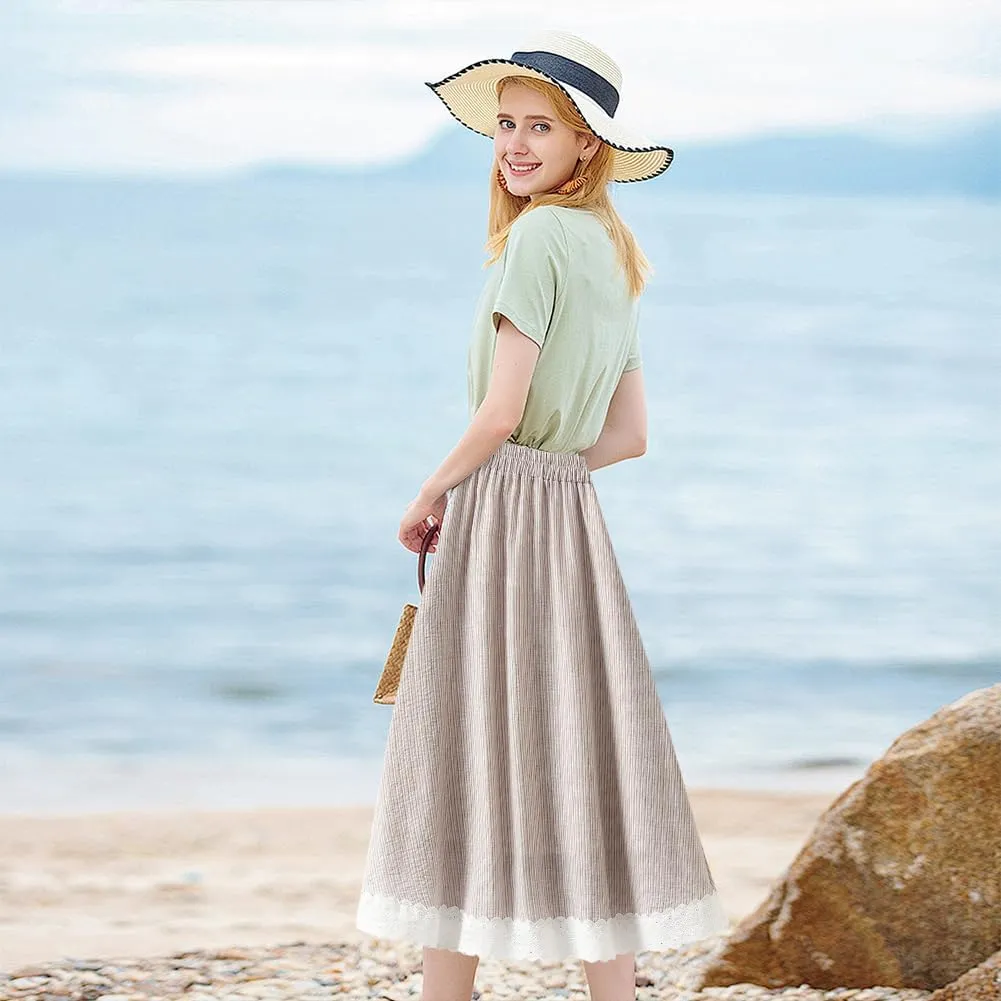 ikasus Women High Waist Pleated Skirt Lace Trim Skirt with Pockets A-Line Skirt Knee Length for Casual Summer Occasions, Khaki