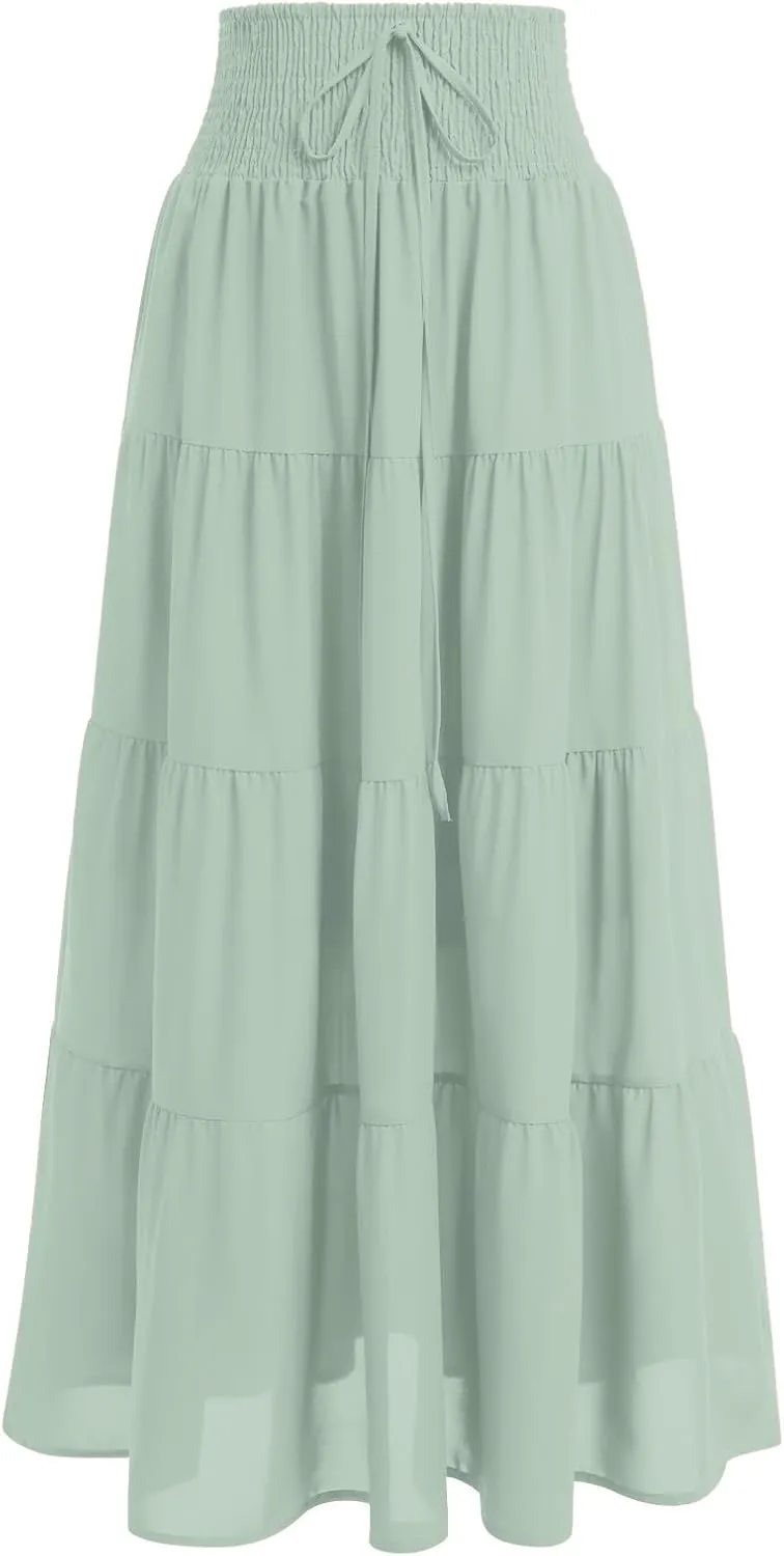 IWEMEK Women Boho Elastic Waist A Line Ruffle Beach Convertible Maxi Skirt Dress Tired Pleated Drawstring Chiffon Long Skirts