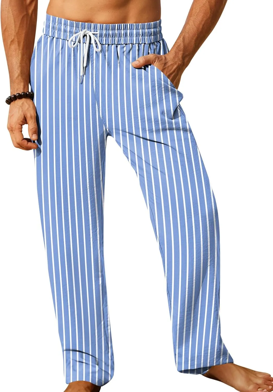 iWoo Linen Pants Men Casual 2025 Summer Beach Elastic Drawstring Waist Yoga Pants Travel Baggy Work Pant Pajama