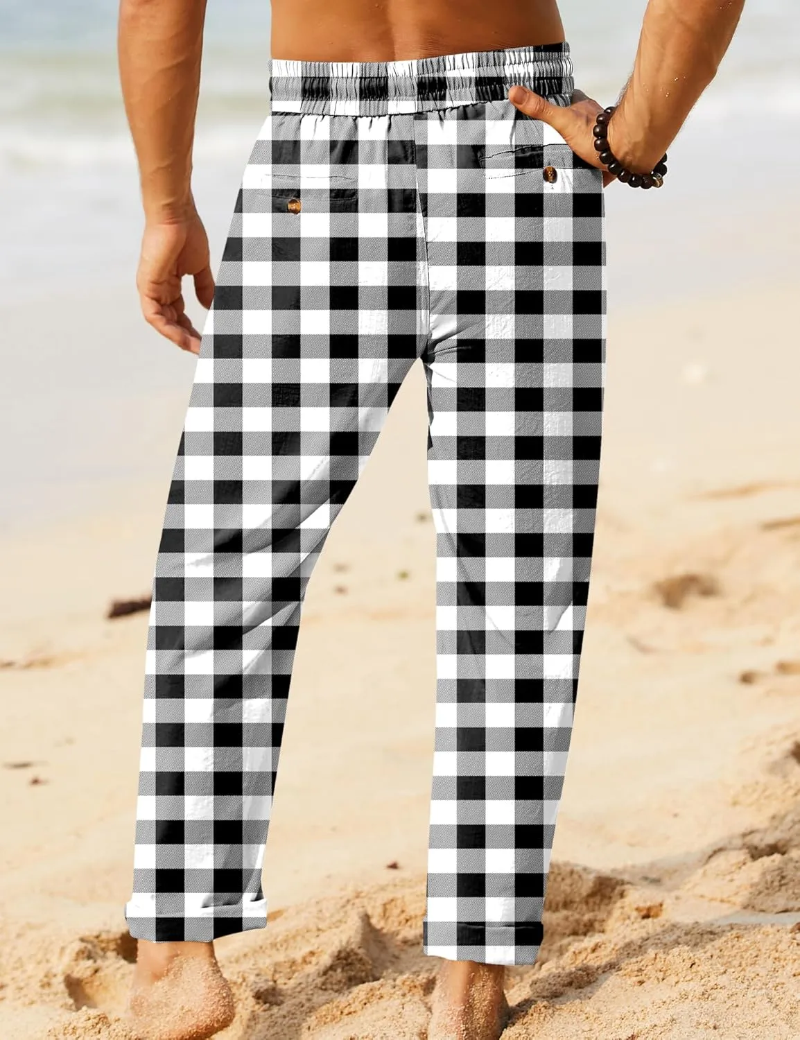 iWoo Linen Pants Men Casual 2025 Summer Beach Elastic Drawstring Waist Yoga Pants Travel Baggy Work Pant Pajama
