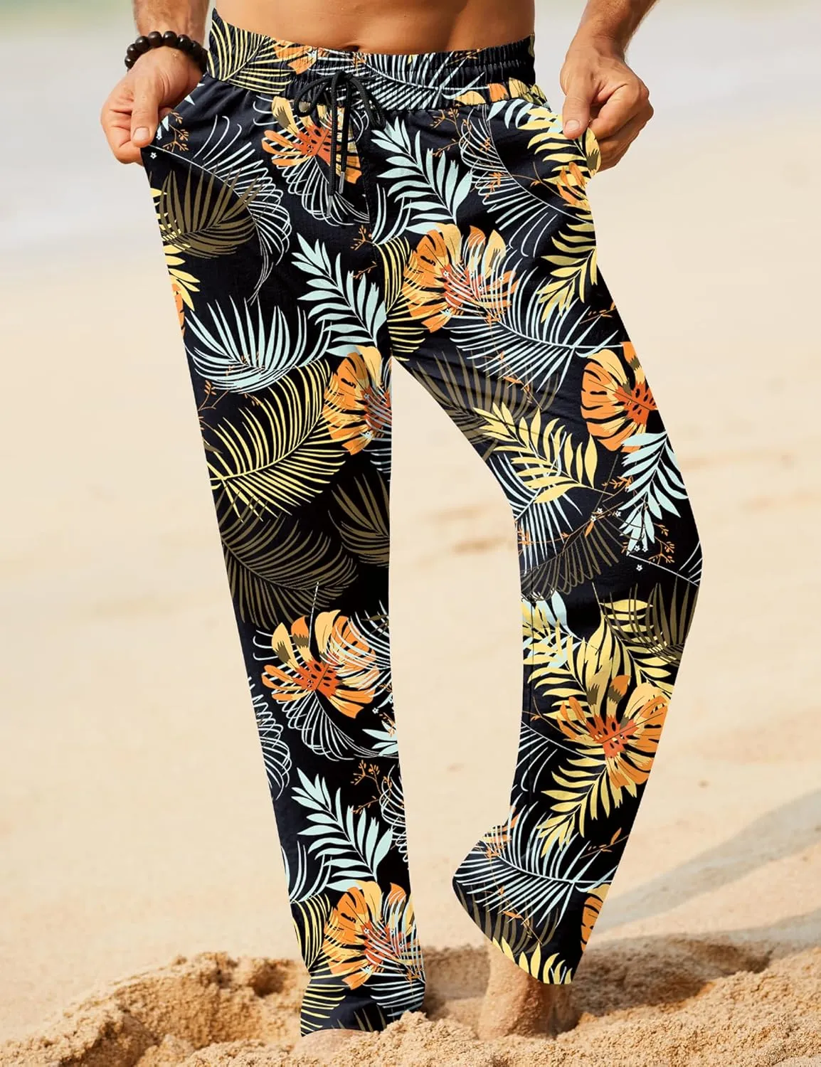 iWoo Linen Pants Men Casual 2025 Summer Beach Elastic Drawstring Waist Yoga Pants Travel Baggy Work Pant Pajama
