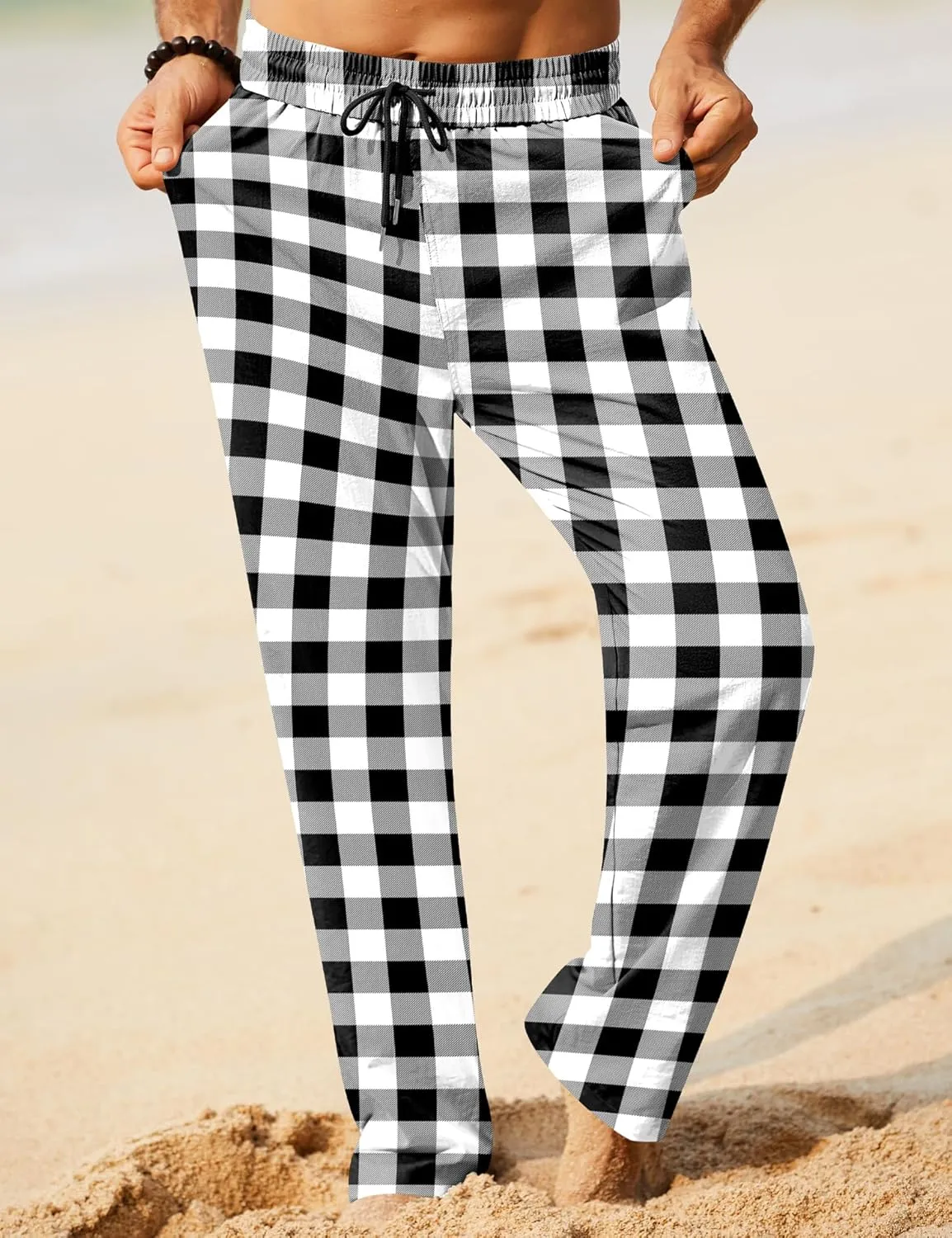 iWoo Linen Pants Men Casual 2025 Summer Beach Elastic Drawstring Waist Yoga Pants Travel Baggy Work Pant Pajama